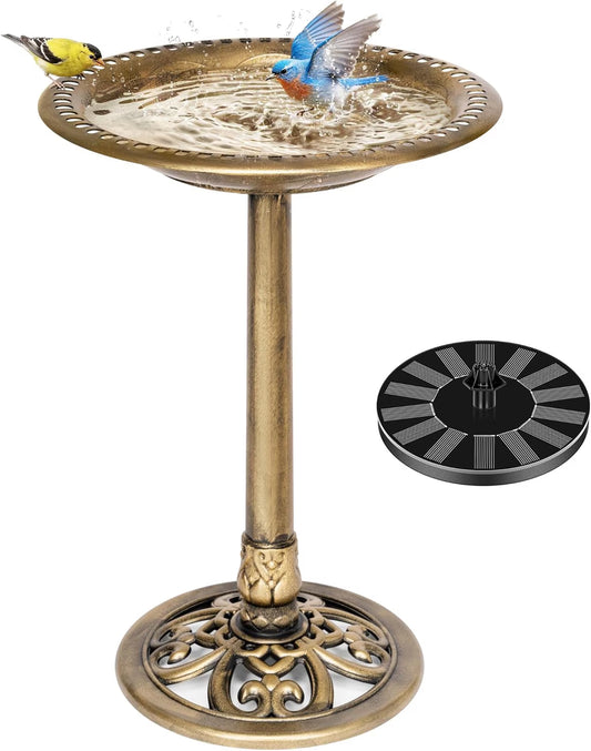 Bird Bath, Polyresin Antique Outdoor Golden Garden Birdbath and Solar Powered round Pond Fountain Combo Set