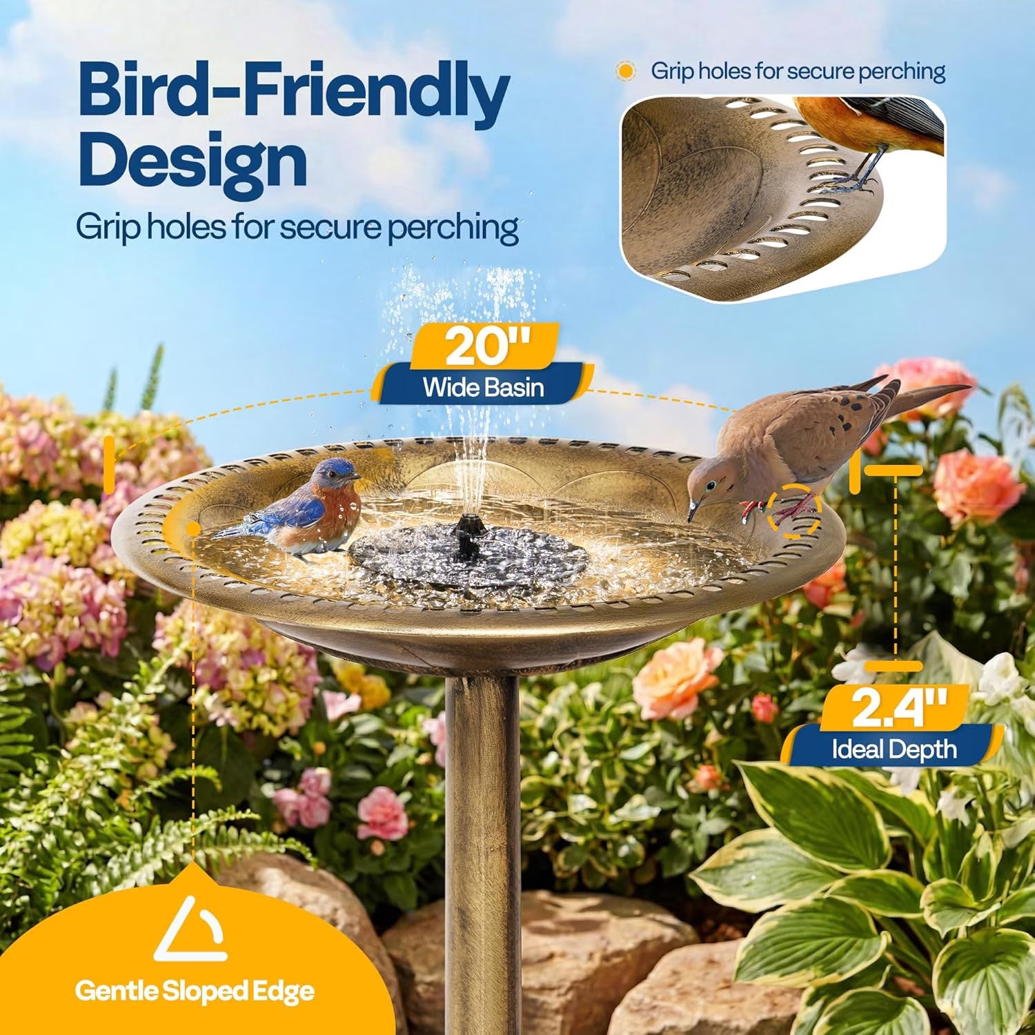 Bird Bath, Polyresin Antique Outdoor Golden Garden Birdbath and Solar Powered round Pond Fountain Combo Set