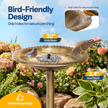 Bird Bath, Polyresin Antique Outdoor Golden Garden Birdbath and Solar Powered round Pond Fountain Combo Set