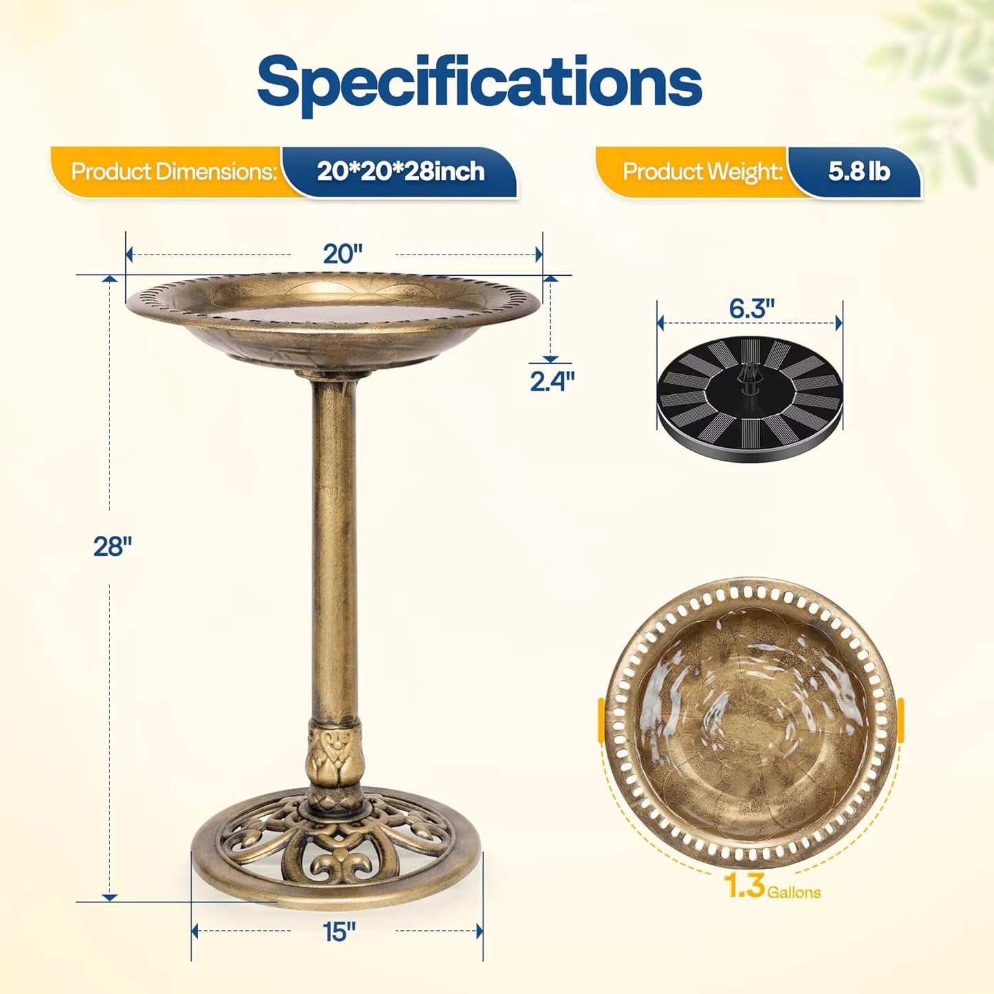Bird Bath, Polyresin Antique Outdoor Golden Garden Birdbath and Solar Powered round Pond Fountain Combo Set