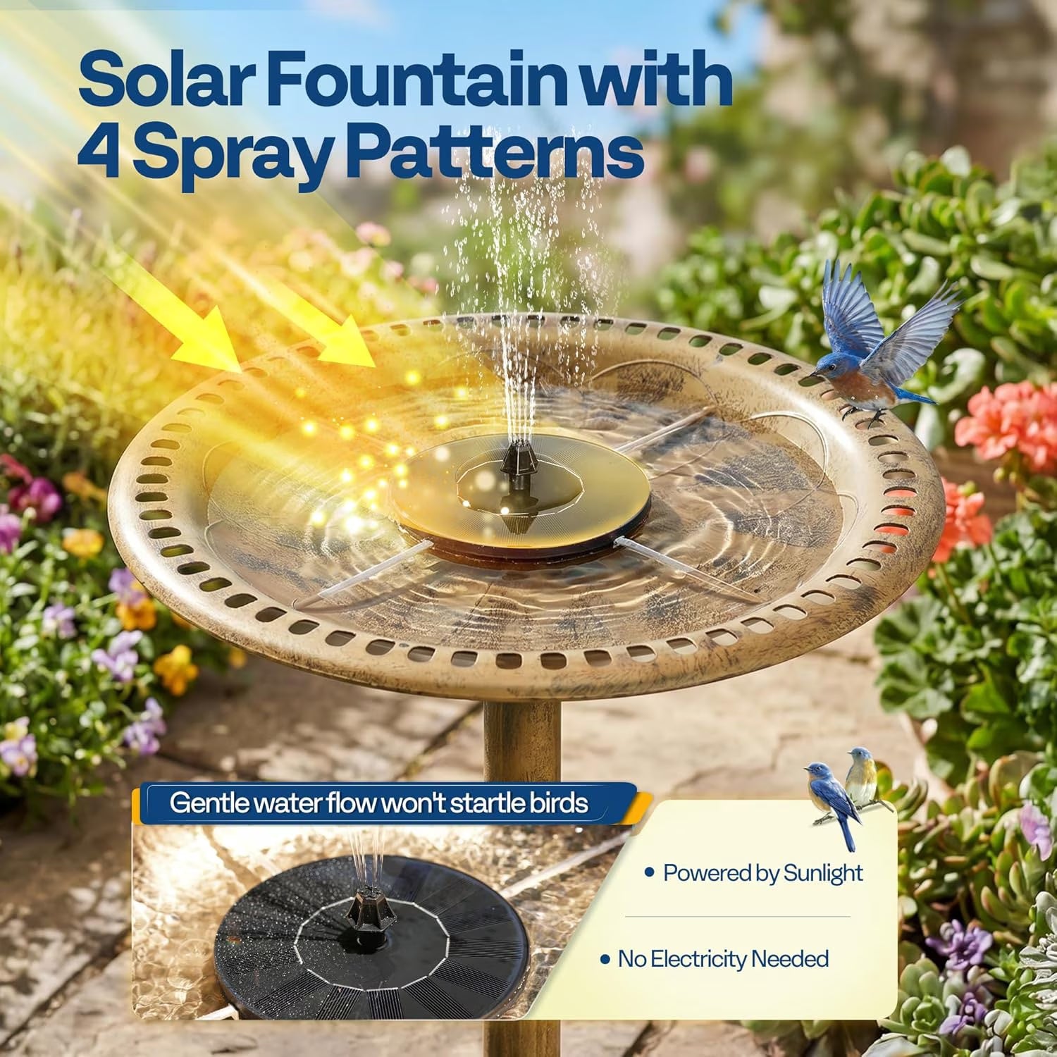 Bird Bath, Polyresin Antique Outdoor Golden Garden Birdbath and Solar Powered round Pond Fountain Combo Set