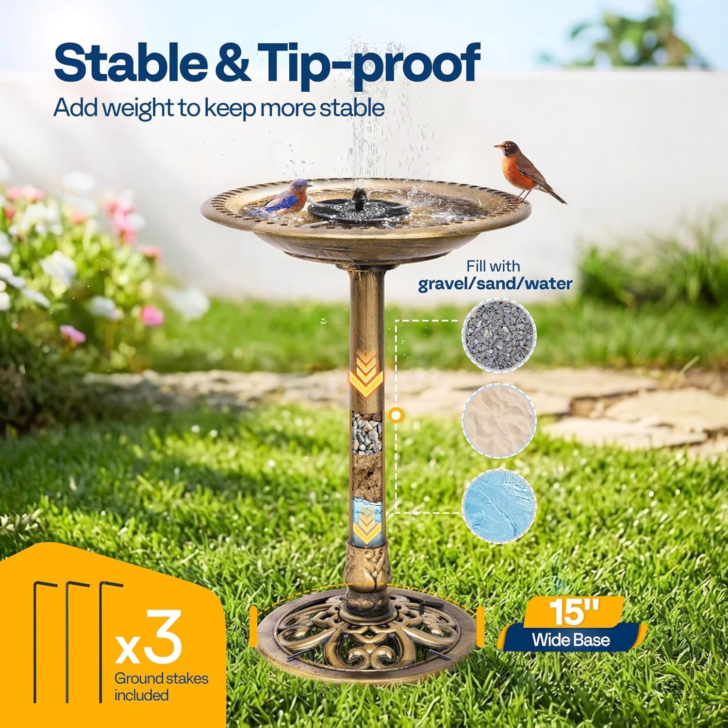 Bird Bath, Polyresin Antique Outdoor Golden Garden Birdbath and Solar Powered round Pond Fountain Combo Set