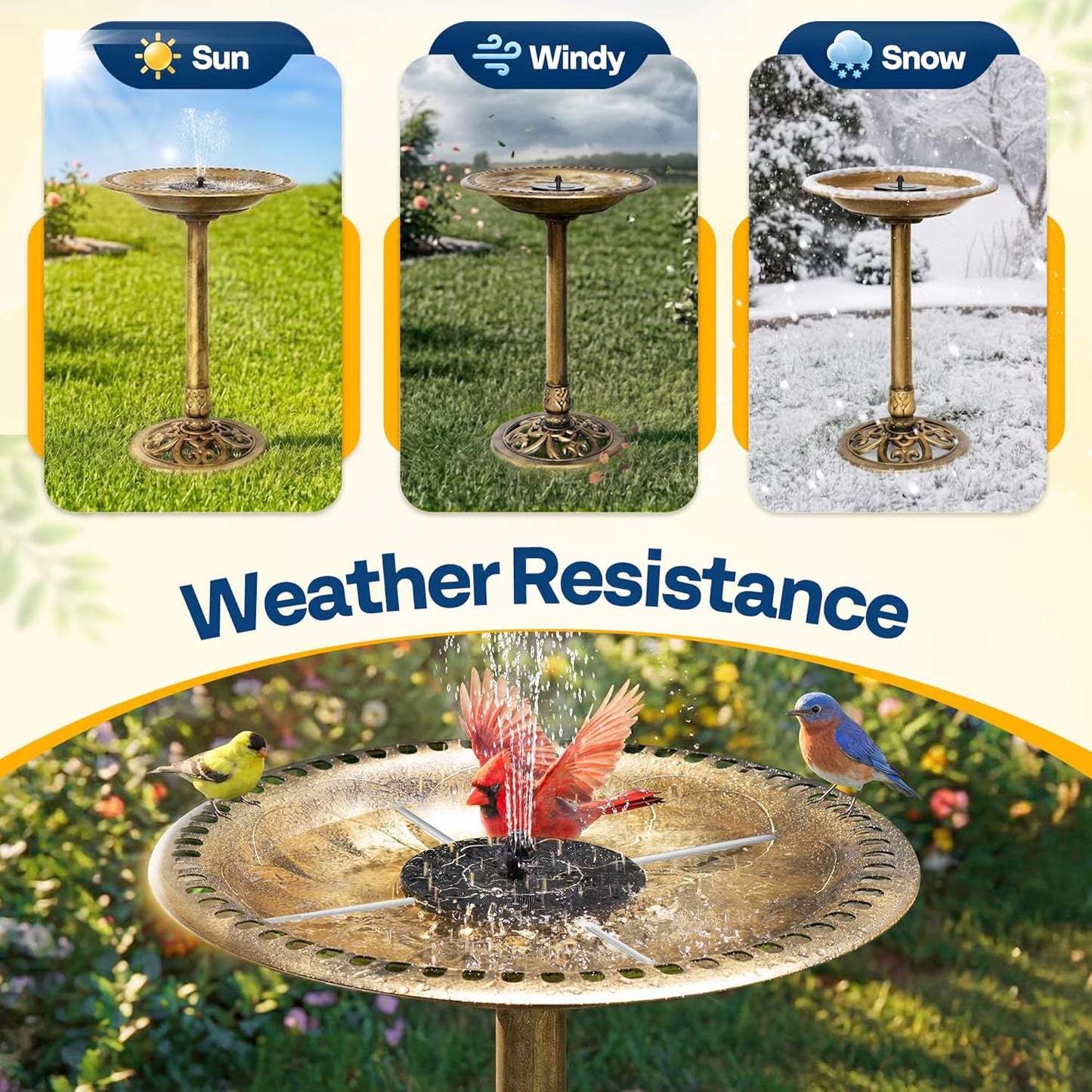 Bird Bath, Polyresin Antique Outdoor Golden Garden Birdbath and Solar Powered round Pond Fountain Combo Set