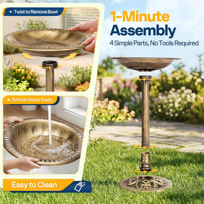 Bird Bath, Polyresin Antique Outdoor Golden Garden Birdbath and Solar Powered round Pond Fountain Combo Set